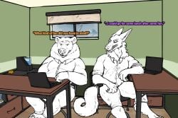absurd_res anthro bear brown_bear canid canine canis chair clothed clothed_anthro clothed_male clothing computer desk duo electronics furniture grizzly_bear hi_res king_(the_werewolf_king) kuruk_(character) laptop male male/male mammal mythological_canine mythological_creature mythology on_chair sitting sitting_on_chair table talking_to_another tight_clothing ursine werecanid werecanine werecreature werewolf wolf yonnixart