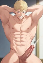 ai_generated ia_generated takeya_shima male gay homosexual homosexual_male gay_male 1boy blonde_hair brown_eyes bara muscular muscular_male muscles huge_cock huge_penis penis erect_penis erection erect_cock big_penis ejaculation ejaculating_cum cum