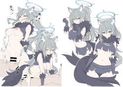 1boy 1girl absurdres alternate_costume animal_costume animal_ear_fluff animal_ears bar_censor black_gloves black_panties black_skirt blue_archive blush breasts broken_halo censored closed_eyes commentary cosplay cowgirl_position crop_top cross cross_hair_ornament extra_ears fur-trimmed_gloves fur_scarf fur_trim girl_on_top gloves grey_eyes grey_hair grey_halo hair_between_eyes hair_ornament halloween_costume halo hands_up hetero highres inverted_cross kazusa_(blue_archive) kazusa_(blue_archive)_(cosplay) kazusa_(halloween)_(blue_archive) large_breasts long_hair looking_at_viewer microskirt multiple_views navel open_mouth panties penis ponytail sex shiroko_terror_(blue_archive) simple_background skirt stomach straddling sweat t1kosewad tail thighs torn_clothes underboob underwear untranslatable_commentary white_background wolf_costume wolf_ears wolf_girl wolf_tail