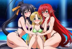 ai_generated high_school_dxd rias_gremory akeno_himejima asia_argento 3girls female_only lesbian yuri girlfriends wife_and_wife_and_wife fff_threesome lesbian_threesome lesbian_lovers girls_love bikini blush blushing_female hand_on_another's_face hand_on_face breasts_grab hand_on_another's_brasts grabbing_another's_breasts hand_on_breasts smile after_kiss saliva saliva_string big_breasts big_ass thick_thighs curvy_female wide_hips medium_breasts skinny_girl