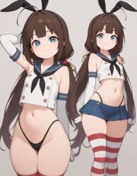hinatsuru_ai brown_hair blue_eyes cosplay miniskirt crop_top exposed_belly slim_female slim_waist petite_female slutty_female slutty_body sexy pretty_girl beautiful_girl skinny_female temptation tempting_viewer long_socks bunny_ears thong white_skin gloves ai_generated