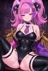 ai_assisted ai_generated bikini bodysuit boobs demon demon_girl edit ironmouse latex latex_suit leather leather_boots pink_hair
