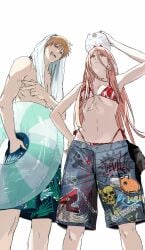 1boy 1girl bikini chainsaw_man denji_(chainsaw_man) flat_belly flat_chested pochita_(chainsaw_man) pool_ring power_(chainsaw_man) shirtless_male swimsuit toned_female toned_male towel