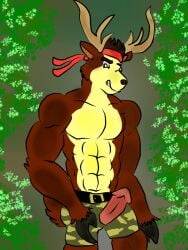 2014 abs anthro antlers arm_tuft aroused bambo belt belt_buckle biped black_belt black_hooves black_nose bottomwear brown_body brown_eyebrows brown_fur brown_hair buckle cheek_tuft clenched_teeth clothed clothing collarbone colored deer deer_avenger deerdigger1989 digitigrade ears_outwards elbow_tuft erection eyebrows facial_tuft fur genitals hair headgear headkerchief headwear hi_res hoof_hands hooves horn humanoid_genitalia humanoid_penis kerchief leaf looking_at_genitalia looking_at_own_penis looking_at_penis looking_at_self looking_down looking_down_at_genitalia looking_down_at_penis looking_down_at_self male mammal military_shorts multicolored_body multicolored_fur muscular muscular_anthro muscular_male outside pecs penis pink_penis pinup pivoted_ears plant pose red_headkerchief red_kerchief ribs scut_tail shaded short_tail shorts shrub solo standing tail teeth topless topless_anthro topless_male tuft two_tone_body two_tone_fur white_sclera yellow_body yellow_fur