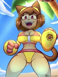 kit_(gameoverse) kit_bodega gameoverse glitch_productions c_m_g_nsfw furry furry_female female female_only smile bikini beach ocean red_eyes brown_hair big_breasts thick_thighs cat_tail cat_ears catgirl brown_fur brown_body brown_skin teeth teeth_showing fangs