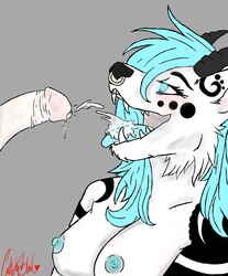 1boy 1girls anthro blue_hair breasts catchabird cum cum_in_mouth cum_inside cumshot ejaculation facial_piercing furry hair horn humanoid_penis hybrid nipples nose_piercing nose_ring open_mouth orgasm penis piercing side_view simple_background teeth view yiff