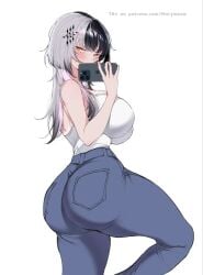 1girl alternate_hairstyle ass cellphone clothing fully_clothed hololive hololive_english jeans large_breasts long_hair phone shiori_novella smartphone two-tone_hair virtual_youtuber
