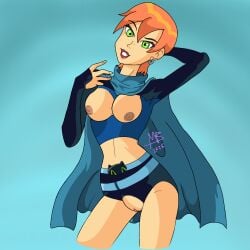 alexurds ben_10 ben_10000 cartoon_network cat future_gwen future_gwen_(ben_10,000) green_eyes gwen_tennyson lucky_girl makeup pleasure_face pose redhead_female rings superheroine tanga tits vagina warner_brothers wizard
