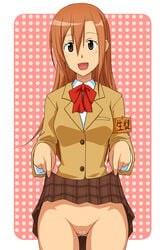 :d armband blazer blush border bow breasts brown_eyes brown_hair censored clothing female goriate heart_censor lifted_by_self long_hair looking_at_viewer no_panties open_mouth outside_border plaid plaid_skirt pleated_skirt pointless_censoring polka_dot polka_dot_background pussy school_uniform seitokai_yakuindomo shichijou_aria shirt skirt smile solo standing