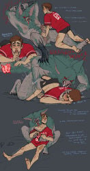 after_anal after_sex aftercare anal anal_sex animal_head anthro armpit armpit_hair armpits balls bara bat big_ears blowjob blush body_hair boner bucksamuck dispatch_(game) erection furry gay handcuffs male male_only muscles muscular nude oral penis praise ripped_clothing robert_robertson scar scars sex size_difference sonar_(dispatch) text