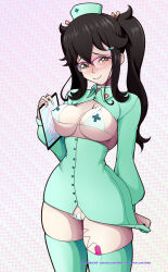 black_hair chocker glasses green_eyes lalox maria_(lalox) micro_bikini nurse nurse_cap stockings twintails vibrator vibrator_under_clothes
