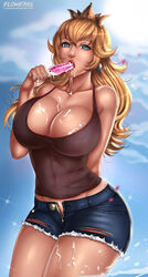 1girls alternate_costume blonde blonde_hair blue_eyes breasts busty cleavage covered_breasts crown earrings female female_only flowerxl food hips holding_food hourglass_figure huge_breasts ice ice_cream ice_cream_on_breasts jewelry large_breasts legs lipstick long_hair mario_(series) nintendo oral_insertion pinup popsicle princess princess_peach sexually_suggestive short_shorts shorts solo standing sweets tank_top thighs very_long_hair voluptuous