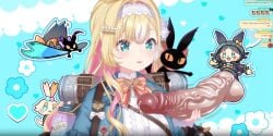 ai_generated alternate_hairstyle alternate_outfit blonde_female blonde_hair edit edited_screencap famillie fan_mascot_(vtuber) hair_ornament handjob headband holding_penis long_hair looking_at_penis millie_parfait nijisanji nijisanji_en penis_awe precum screenshot screenshot_edit third-party_edit virtual_youtuber vtuber