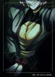 aggressivedog01_(artist) black_hair bowtie green_clothing harlequin_(the_freak_circus) holding_penis penis penis_out selfie selfie_pose selfie_with_penis smirk smirking_at_viewer smirking_face solo solo_focus solo_male the_freak_circus tongue tongue_out