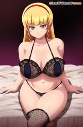 1girls artist_name big_breasts black_bra black_panties blonde_hair bottomwear bra breasts cleavage female female_only fishnet fishnet_legwear fishnets green_eyes hair heanna_sumire hips huge_breasts jeantfydraw lace lace-trimmed_bra lace-trimmed_panties lace_trim leggings legwear light-skinned_female light_skin lingerie long_hair love_live! love_live!_sunshine!! on_bed panties smile solo thighs topwear