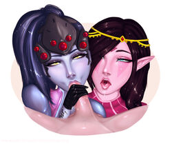 1boy 2girls abysmalapathy blue_eyes collaborative_fellatio dota_2 fellatio gloves lips multiple_girls overwatch penis saliva sucking teamwork templar_assassin widowmaker yellow_eyes