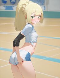 heavenly_ass slutty_female slutty_body focus_on_ass small_ass temptation tempting_viewer sexy_pose volleyball_uniform petite exposed_belly beautiful_girl pretty_girl slim_female skinny_female ai_generated lillie_(pokemon) blonde_female green_eyes