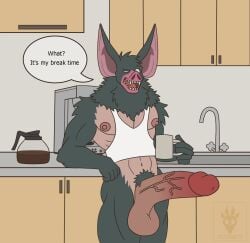 animal_head anthro balls bara bat big_balls big_ears big_penis boner cyrus_inkubatto dispatch_(game) erection furry male male_only muscles muscular pantsless penis solo solo_male sonar_(dispatch) speech_bubble tank_top
