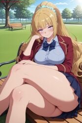 kiraamane ai_generated patreon seductive sexy uncensored watermark hi_res high_quality high_resolution karuizawa_kei classroom_of_the_elite crossed_legs blonde_hair 1girl tree long_hair breasts skirt purple_eyes sitting jacket school_uniform smile solo blush ass large_breasts ponytail day looking_at_viewer outdoors bangs scrunchie blunt_bangs pleated_skirt blue_skirt thighs sky bench