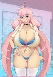 ahoge beautiful_woman blue_eyes bra breasts_bigger_than_head chocker francisca_(lalox) huge_breasts lalox makeup mature_woman pink_hair stockings thong tied_shirt twintails