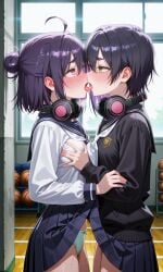 2girls ai_generated breast_grab crossover date_chizuko grabbing_another's_breast happy happy_female haraga_kurumi kissing lesbian lesbian_kiss lezdom purple_hair sisters tongue_kiss yousei_(artist) yuri