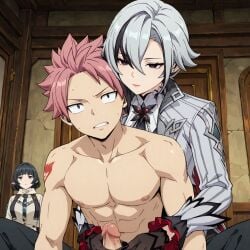 natsu_dragneel fairy_tail arlecchino_(genshin_impact) genshin_impact jane_doe_(zenless_zone_zero) zenless_zone_zero ai_generated haremoverlord 2girls 1boy teasing handjob penis