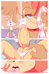 1boy 1girls 2017 balls blush bulge canine clothed clothing cloudz comic crossdressing dialogue domination duo english_text erection erection_under_skirt female femboy femboy_on_female femdom fox girly gloves hetero licking_penis male male/female mammal open_mouth penis penis_under_skirt sally_acorn sega sex simple_background smile sonic_(series) straight tails teasing text tongue underwear