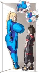 1boy 1girl 2026 ass aster_crowley black_pants black_shirt blonde_hair blue_bodysuit blue_eyes blush bodysuit breasts brown_hair censored commentary_request height_difference hetero high_heels highres huge_breasts kingdom_hearts lewd_thoughts long_hair metroid pants ponytail samus_aran sex shirt short_hair short_sleeves sidelocks skin_tight sora_(kingdom_hearts) speech_bubble super_smash_bros. thick_thighs thighs thought_bubble tight_clothes tight_clothing zero_suit zero_suit_samus