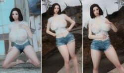 3d bethesda_softworks big_breasts breast_milk breast_milk_on_breasts emotrashcan fallout female_only game_screenshot hot_pants shorts sole_survivor_(female) vault_dweller wet_clothes wet_t-shirt wet_topwear