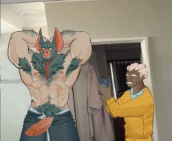 male male_only bara muscles muscular dispatch_(game) sonar_(dispatch) bat furry anthro animal_head big_ears penis balls ghosthimbo chase_(dispatch) shirtless for_a_head flexing body_hair armpit armpits armpit_hair necktie boner erection penis_out