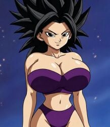 1girl 1girls ai_generated big_breasts bikini bikini_top breasts caulifla cleavage dragon_ball dragon_ball_super female female_only huge_breasts saiyan saiyan_female solo solo_female spiky_hair strapless_bikini