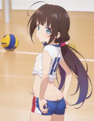 hinatsuru_ai brown_hair blue_eyes heavenly_ass slutty_female slutty_body focus_on_ass small_ass temptation tempting_viewer sexy_pose volleyball_uniform petite exposed_belly beautiful_girl pretty_girl slim_female skinny_female ai_generated