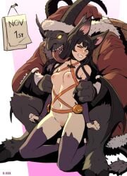 1boy 1girl animal_ears bat_ears bat_girl bat_wings black_gloves black_thighhighs body_fur breasts clenched_teeth colored_sclera commentary d-rex elbow_gloves english_commentary fangs gloves glowing glowing_eyes highres licking medium_breasts monster_boy navel nipples one_eye_closed orange_sclera original pink_background pussy teeth thighhighs tongue tongue_out white_background wings yellow_eyes