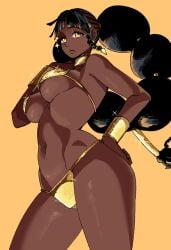 1girls bikini bikini_bottom bikini_top black_hair dark-skinned_female dark_skin dark_skinned_female desscaras golden_bikini golden_bikini_bottom golden_bikini_top golden_week golden_week_bikini ichi_the_witch simple_background wanderjegson yellow_background yellow_eyes