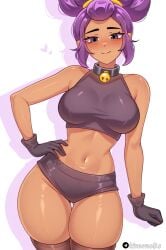 1girl ai_generated artist_name bare_shoulders bell black_eyes black_gloves black_shorts blush brawl_stars breasts closed_mouth collar cowboy_shot crop_top dark_skinned_female front_view gloves hand_on_own_hip heart jingle_bell kimonobs large_breasts micro_shorts midriff navel neck_bell nose_blush purple_hair shelly_(brawl_stars) shiny_skin shirt short_shorts shorts simple_background sleeveless sleeveless_shirt smile solo standing stomach supercell tagme thighhighs thighs white_background
