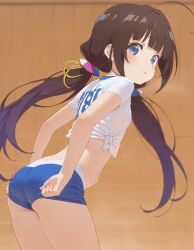 hinatsuru_ai brown_hair blue_eyes heavenly_ass slutty_female slutty_body focus_on_ass small_ass temptation tempting_viewer sexy_pose volleyball_uniform petite exposed_belly beautiful_girl pretty_girl slim_female skinny_female ai_generated