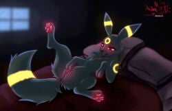 anus astralia bed black_body black_fur blush bodily_fluids clitoral clitoral_masturbation eeveelution female feral fur furniture generation_2_pokemon genital_fluids genitals hi_res markings masturbation moan nintendo pawpads paws pokemon pokemon_(species) red_eyes solo text umbreon vaginal_fluids vulva watermark window yellow_markings