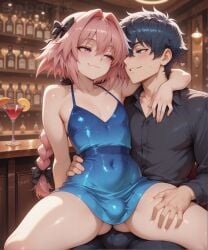 1femboy 2boys ai_generated arm_around_neck aroused astolfo_(fate) astolfo_(fate/apocrypha) bar bare_shoulders black_bow black_hair blush bow braid bulge caressing_thigh collarbone covered_navel crossdressing cup dress drinking_glass duo erection_under_clothes fang fate/apocrypha fate/grand_order fate_(series) femboy flirting grabbing_thigh grabbing_waist hair_bow hand_on_another's_thigh indoors long_braid long_hair male male_only multiple_males navel otoko_no_ko pink_hair saberai single_braid sitting_on_lap sitting_on_person skin_fang smile spread_legs tagme thick_thighs thighs yaoi