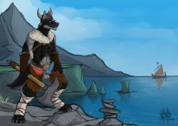 abs animal_genitalia animal_penis anthro armor axe balls battle_axe black_body black_fur blue_eyes blue_nose blue_penis blue_sky bottomwear brown_bottomwear brown_clothing brown_pants canid canine canine_genitalia canine_penis clothing erection fur genitals grey_balls grey_body grey_fur headgear helmet holding_axe holding_object hufnaar knot male male_anthro mammal mouth_closed muscular muscular_anthro muscular_male navel outside pants penis rock ship sky solo standing vehicle water watercraft