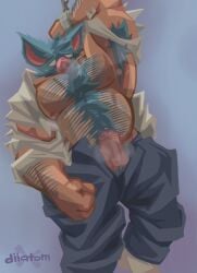 animal_head anthro armpit armpit_hair balls bara bat big_ears body_hair boner diiatom dispatch_(game) erection for_a_head furry handcuff male male_only muscles muscular musk penis solo solo_male sonar_(dispatch) sweat sweating