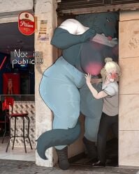 1boy 1girls alley alleyway_milf_(meme) anthro big_breasts blush bottomwear breasts canid canine canis clothed clothing clothing_lift colombia cooper_(securipun) duo female fur height_difference hi_res huge_breasts human human_on_anthro interspecies larger_female male male/female mammal mature_anthro mature_female meme muscular muscular_female securipun shirt shirt_lift size_difference smaller_human smaller_male thick_thighs topwear veronica_(securipun) wolf