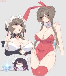infamcantaloupe unfamousradish sandrone_(genshin_impact) genshin_impact big_breasts bunnysuit huge_breasts tagme 2026 columbina_(genshin_impact)