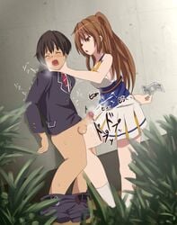 1boy asphyxiation ballbusting brown_eyes brown_hair cheerleader chuunibyou_demo_koi_ga_shitai! crotch_kick cum cumshot doskoinpo ejaculation female femdom isshiki_makoto knee_strike malesub money nibutani_shinka pants_down penis prostitution racket school_uniform skirt socks strangling testicles