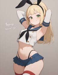 cosplay miniskirt crop_top exposed_belly slim_female slim_waist petite_female slutty_female slutty_body sexy pretty_girl beautiful_girl skinny_female temptation tempting_viewer long_socks bunny_ears thong white_skin gloves ai_generated lillie_(pokemon) blonde_female green_eyes