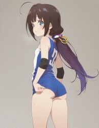 hinatsuru_ai brown_hair blue_eyes heavenly_ass slutty_female slutty_body focus_on_ass small_ass temptation tempting_viewer sexy_pose volleyball_uniform petite exposed_belly beautiful_girl pretty_girl slim_female skinny_female ai_generated