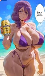 1girls ai_generated beach beer big_breasts bikini curvy curvy_body curvy_female curvy_figure english english_text huge_breasts large_breasts mature_female micro_bikini milf original original_character purple_bikini purple_eyes purple_hair shao145 solo solo_female standing stomach text thong