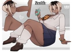 zenith_(gdblight) gdblight blowjob clothed dyed_hair tiger_stripes uniform skirt loose_socks gyaru tomboy sucking_penis black_female sloppy crossed_legs full_body averting_eyes