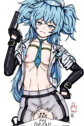 1girls blue_eyes blue_hair blush body_markings breasts do_you_want_to_pet_my_cat_(meme) feet_out_of_frame female female_only florence_(girls'_frontline_2) girls'_frontline girls'_frontline_2:_exilium gloves groin gun handgun hat heart-shaped_pupils holding_weapon jacket long_hair looking_at_viewer navel necktie necktie_between_breasts nipple_slip nipples nurse nurse_cap nurse_uniform open_clothes open_jacket pa-15_(girls'_frontline) pantyhose pistol pubic_stubble pussy ripped_pantyhose small_breasts tarashvs twintails