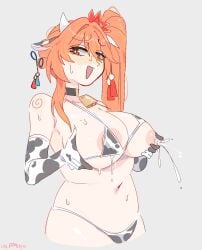 unfamousradish infamcantaloupe honkai:_star_rail honkai_(series) guinaifen_(honkai:_star_rail) cow_print bikini red_hair cow_horns cow_ears big_breasts huge_breasts nipples lactation lactating 2026 tagme looking_at_viewer breast_milk 1girls solo solo_female blush hoyoverse