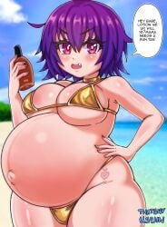 1girls beach bikini blush breasts female hand_on_hip large_breasts looking_at_viewer lotion mildred_(thatguyusojin) popped_navel pregnant purple_hair ready_to_pop red_eyes talking_to_viewer tattoo thatguyusojin thick_thighs wide_hips